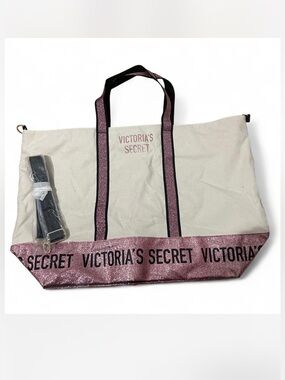 Victoria's Secret Cream Tote with Pink Glitter Trim